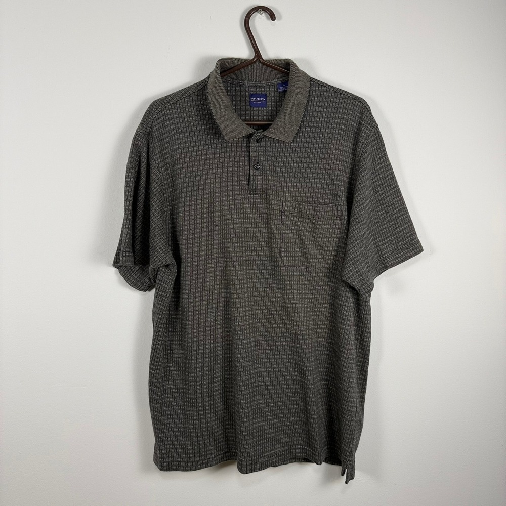 ✨3 for $20 Arrow Mens XL Gray Textured Micro Grid Short Sleeve Polo‎ Shirt Chest